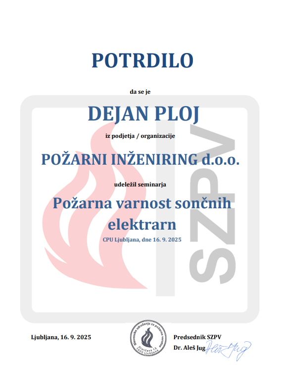 potrdilo o požarni varnosti sončnih elektrarn Dejan Ploj